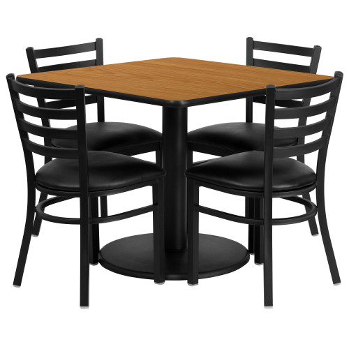 5-Piece Brown and Black Square Table with Ladder Back Chairs 36''