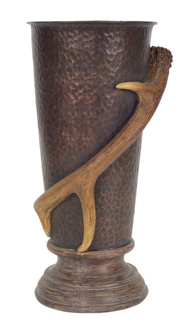 15.5" Brown Hammered Pewter Style Deer Antler Urn Tabletop Decor