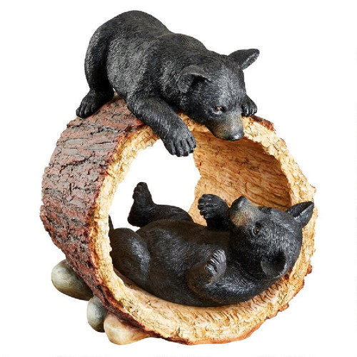 19" Bear Cubs Playing in Hollow Log Outdoor Statue
