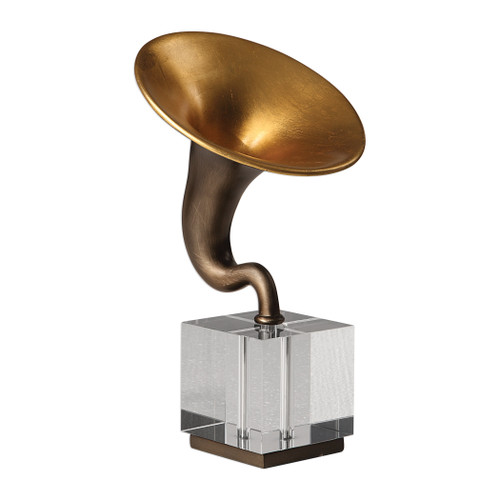 14" Phonograph Dark Bronze Sculpture with Cyrstal Cube Base - 33674918