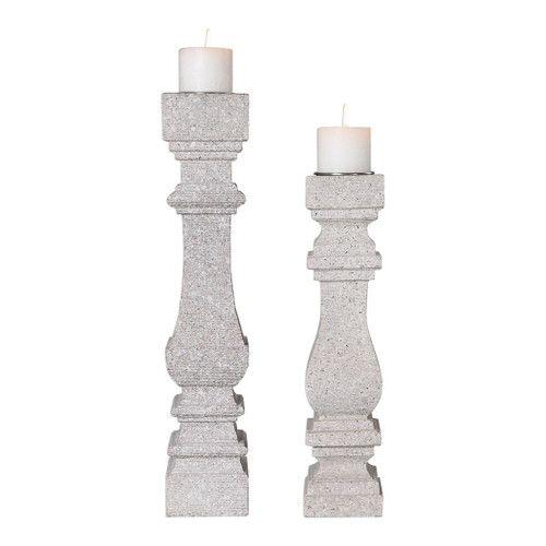 Set of 2 Adley Carved Gray and White Granite Pillar Candleholders 23"