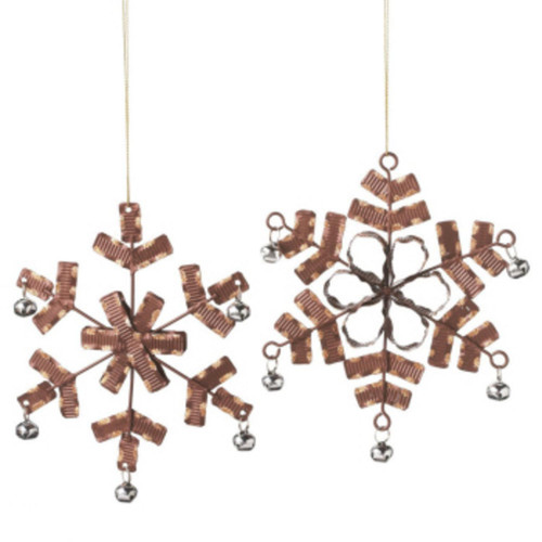 6.5" Silver and Brown Crimped Jingle Bell Accented Snowflake Ornament