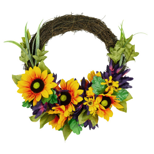 Sunflower and Mum Twig Autumn Artificial Floral Wreath, 20-Inch