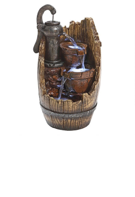 16" Illuminated Farm Barrel Cascading Sculptural Garden Fountain