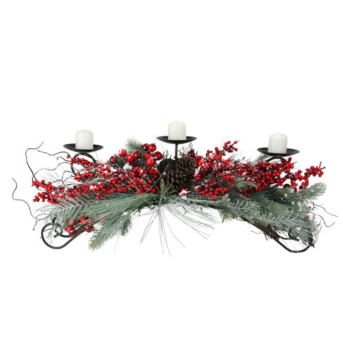 30" Red Frosted Berry and Pine Needle Christmas Candle Holder
