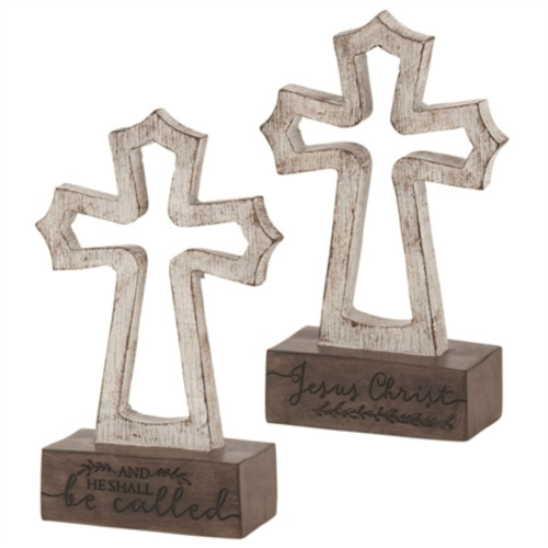 6.25" White and Brown Double Side Printed Cross Shaped Tabletop Decor