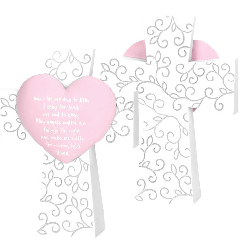Now I Lay Me Down To Sleep Prayer Pink Heart Table Top White Resin Cross; 5" x 4"