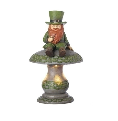 16.5" Green and Gray LED Solar Leprechaun Sitting on Mushroom Tabletop Decor