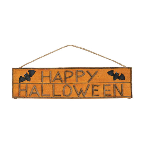 20" Wooden Orange Happy Halloween Sign with Bats and Wire Hanger - 33704375