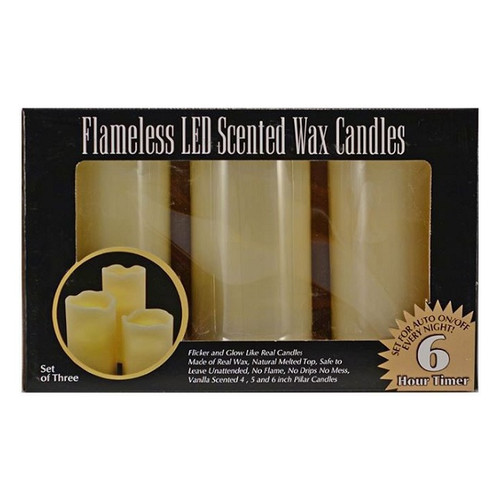Pack of 3 Ivory Wax Melted Top Scented Pillar Flameless LED Candles with Timer 6" - 33480192