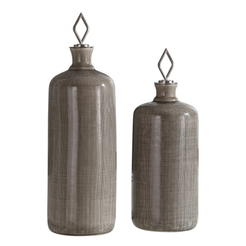 11” Taupe Dhara Glaze Bottles Set of 2