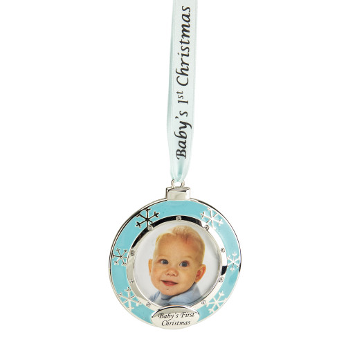 3" Blue Silver-Plated Baby's First Christmas Ornament with European Crystals