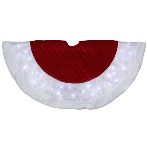 48" LED Red Quilted Velvet Iridescent Christmas Tree Skirt with Faux Fur Trim