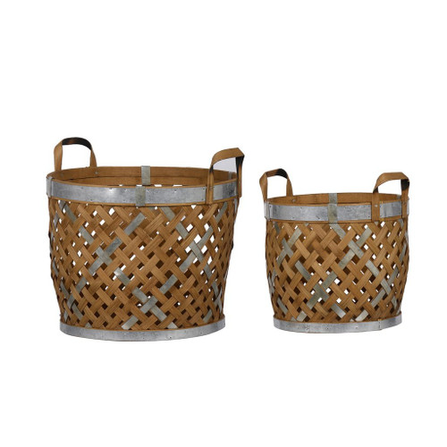 Set of 2 Brown and Gray Round Woven Baskets 16"