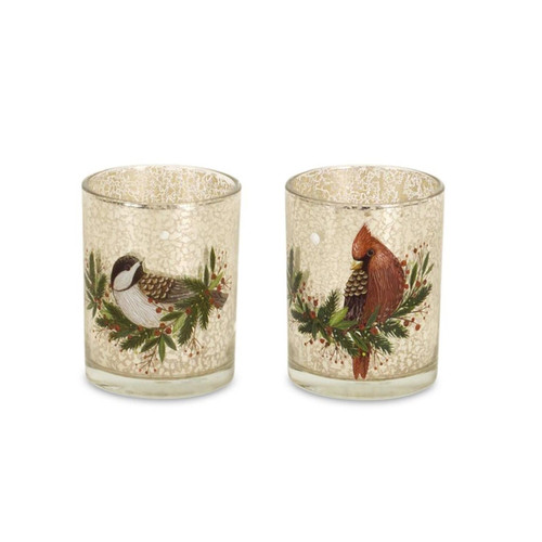 Set of 6 Beige Cardinal and Chickadee Glass Votive Holders 5"