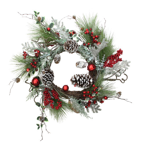 Frosted Bells, Berries and Pinecones Artificial Christmas Wreath, 24-Inch, Unlit