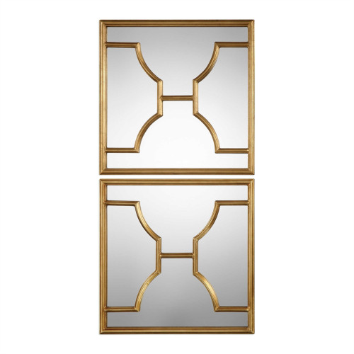 Set of 2 Gold Wooden Framed Beveled Square Wall Mirror 24"