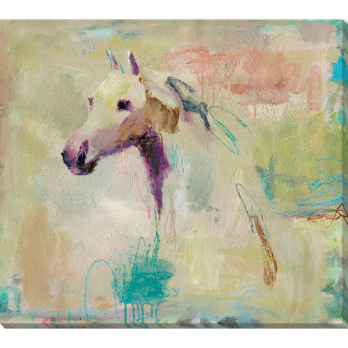 White and Teal Blue Horse Printed Rectangular Wrapped Canvas Wall Art Decor 25" x 28" - 33421437