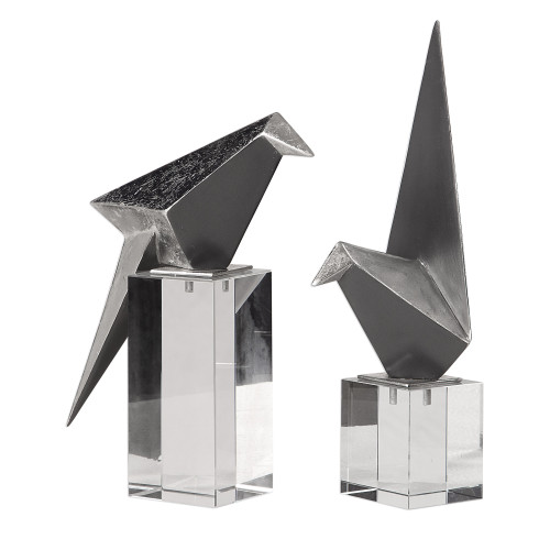 13” Silver Origami Bird Figurines Set of 2
