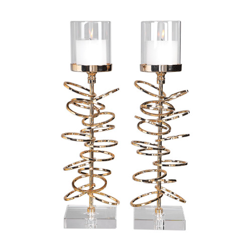 Set of Two Rose Gold Stacked and Staggered Rings Candle Holder 20”