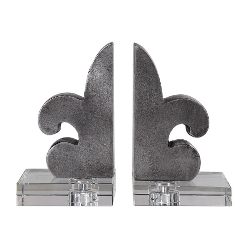 Set of Two Silver Lacquered Fleur-De-Lis French Bookends 8.5”