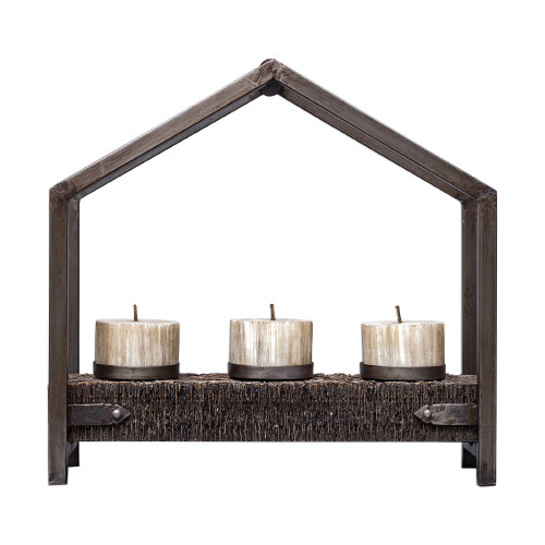 16” Antique Bronzed Metal Candle Holder with Three 2” Candles