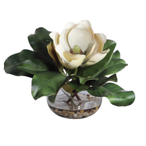 13" Artificial Silk Magnolia Arrangement in Glass Vase