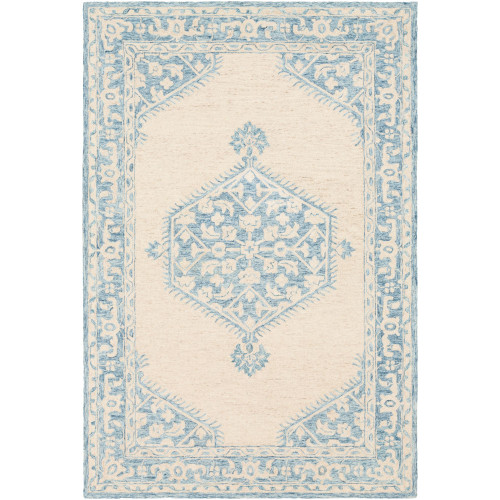 8' x 10' Medallion Blue and Beige Rectangular Hand Tufted Wool Area Throw Rug