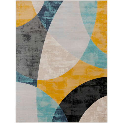 7.8' x 10.25' Motif Patterned Mustard Yellow and Blue Rectangular Area Throw Rug