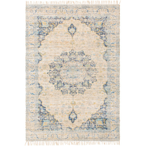 5' x 7.5' Oriental Patterned Ivory and Blue Rectangular Area Throw Rug