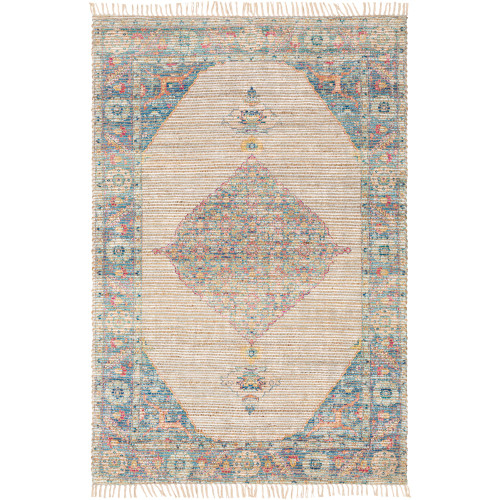 2.5' x 4' Beige and Blue Neutral Ornamental Pattern Rectangular Area Throw Rug