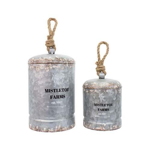 Set of 2 Distresses Cream Galvanized Mistletoe Bells Christmas Hanging Decorations 7.75"