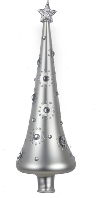 9.5" Silver Glittered and Jeweled Glass Tree Christmas Ornament
