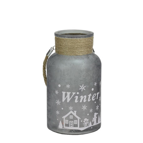 10" Gray and White Iced Winter Scene Pillar Candle Holder Lantern with Handle