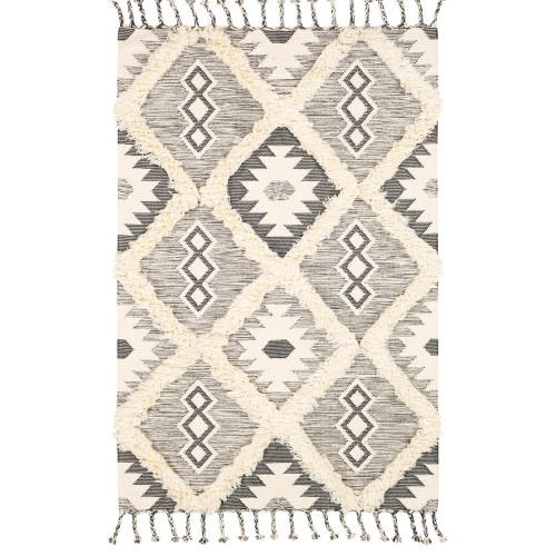 2' x 3' Dark Gray and Beige Diamond Design Rectangular Hand Woven Area Rug with Fringe Edge