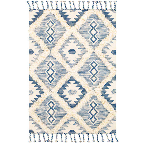 2' x 3' Blue and Beige Diamond Design Rectangular Hand Woven Area Rug with Fringe Edge