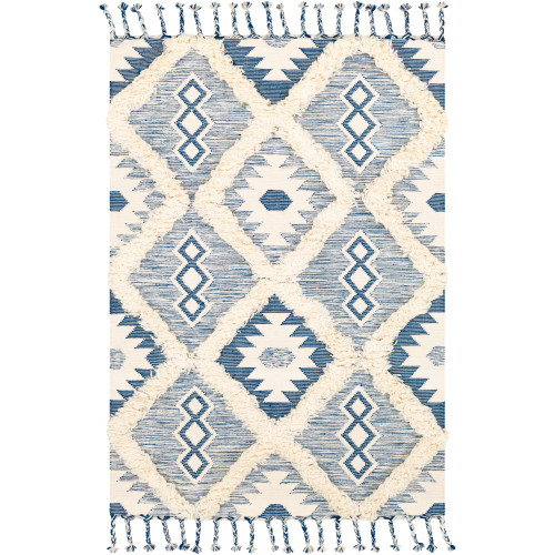 2.5' x 8' Aegean Blue and Beige Geometric Patterned Rectangular Area Throw Rug Runner