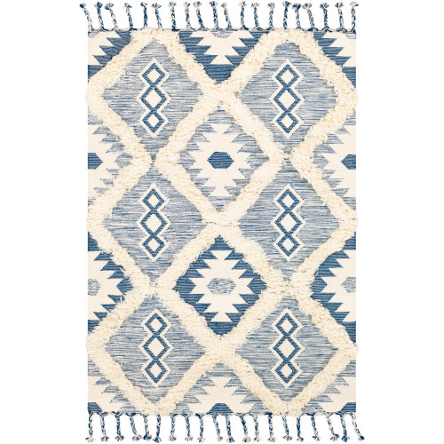 6' x 9' Geometric Pattern Blue and Cream White Rectangular Area Throw Rug