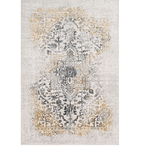 7'10" x 10'3" Distressed Floral Medallion Style Gray and Yellow Rectangular Machine Woven Area Rug