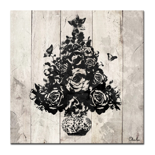 Beige and Black Floral Christmas Tree Wrapped Square Wall Art Decor 20" x 20"