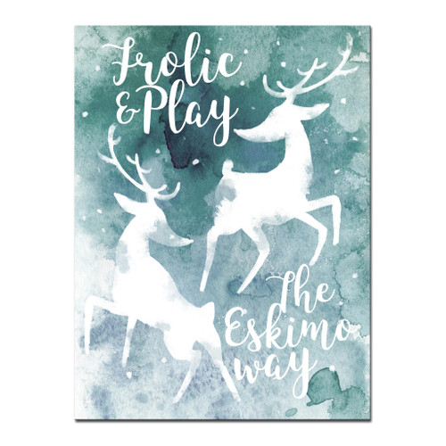 Teal Green and White Frolic Reindeer Christmas Wrapped Rectangular Wall Art Decor 20" x 16"