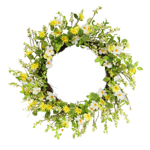 Daisy and Dogwood Twig Artificial Floral Wreath, Yellow 30-Inch - 33400773