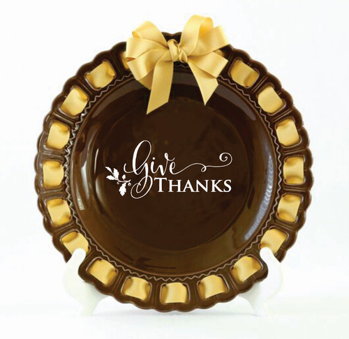 12" Round Brown Ceramic Thanksgiving Ribbon Plate with Gold Ribbon