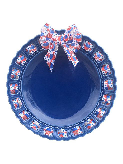 12" Round Blue Ceramic Ribbon Plate with Red White and Blue Ribbon