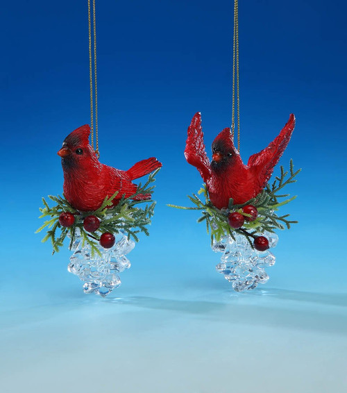 Set of 4 Red and Green Cardinal Pine Cone Ornaments 3.25"