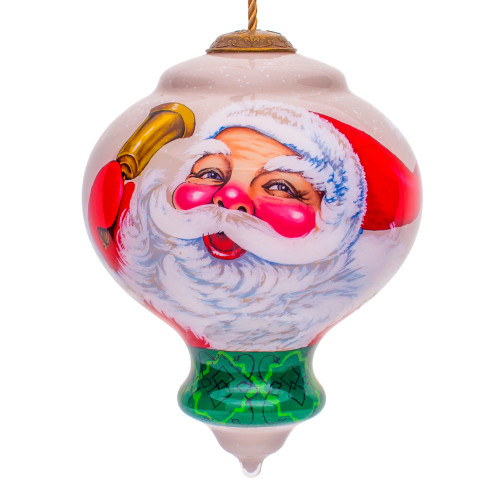 5” Beige and White Winter Wonderland Santa Hand Painted Mouth Blown Glass Hanging Christmas Ornament
