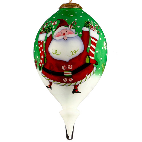 4.75” White and Green Candy Joy Santa Hand Painted Mouth Blown Glass Hanging Christmas Ornament