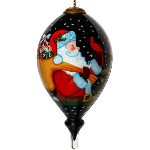 6” Black and Red Merry Christmas Santa with Cardinal Hand Painted Mouth Blown Glass Hanging Christmas Ornament
