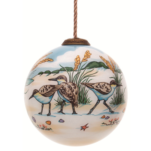 3” Beige and Green Sandpipers Hand Painted Mouth Blown Glass Hanging Christmas Ornament