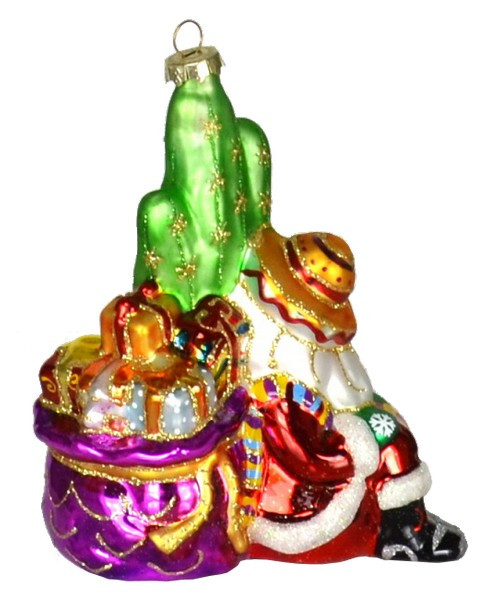 6.5” Gold and Red Siesta Santa Hand Blown Glass Hanging Figurine Ornament